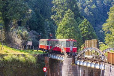 dağlık sahnede köprüüzerinde hareket kırmızı tren