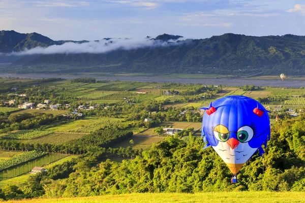 Eule Luftballon Fliegt Grüne Berglandschaft — Stockfoto