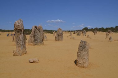 Batı Avustralya 'nın Cervantes kasabası yakınlarındaki Nambung Ulusal Parkı' ndaki Pinnacles kireçtaşı oluşumları..