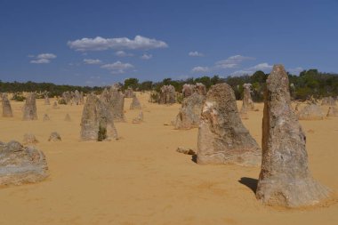Batı Avustralya 'nın Cervantes kasabası yakınlarındaki Nambung Ulusal Parkı' ndaki Pinnacles kireçtaşı oluşumları..