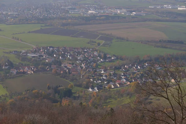 Aerial View Field Small Houses Rural Scene — 스톡 사진