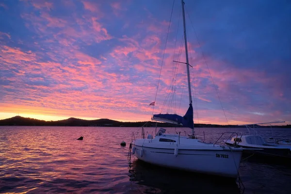 Barcos Sobre Pôr Sol Croácia — Fotografia de Stock