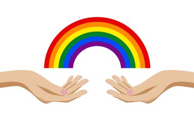 Bir gökkuşağı holding eller renk lgbt topluluk aynı cinsiyetten evlilik beyaz bir arka plan üzerinde