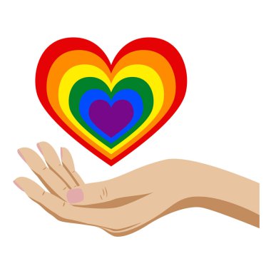 Bir el bir Lgbt topluluğu beyaz bir arka plan üzerinde renkli romantik kalp tutar