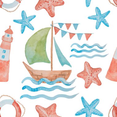 Dikişsiz desen bir deniz tema üzerine suluboya ile beyaz bir arka plan gemilerde boyalı