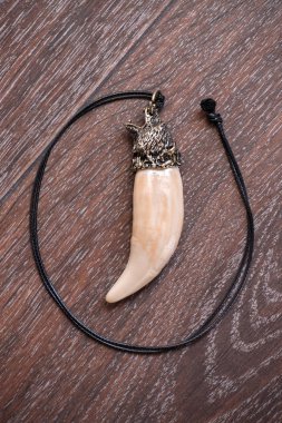 Sibirya geyik kahverengi bir arka plan üzerinde gelen büyük ayı diş ve kemik kolye oyulmuş