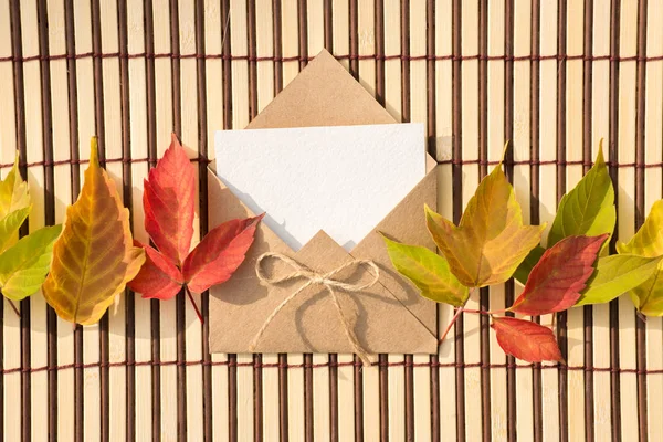 Beautiful Colorful Green Red Yellow Autumn Maple Leaves Envelope Blank — Stock Photo, Image
