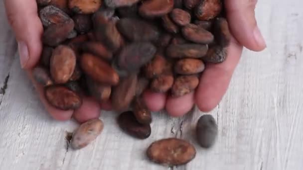 Délicieux Cacao Torréfié Brun Aromatique Sur Une Table Bois Blanc — Video