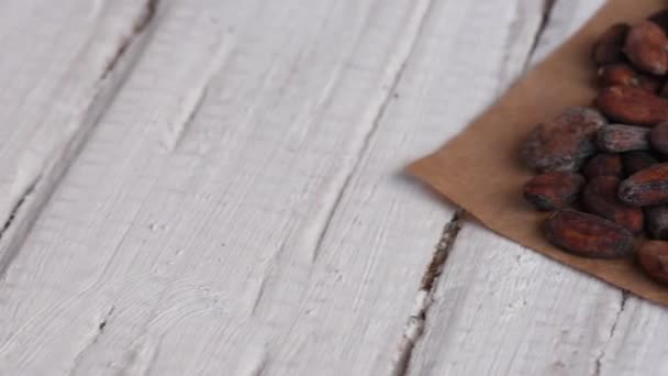 Délicieux Cacao Torréfié Brun Aromatique Sur Une Table Bois Blanc — Video