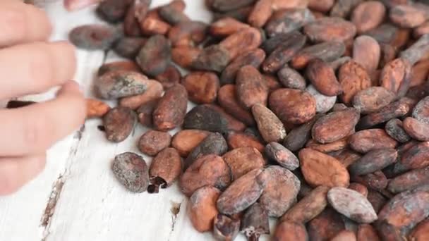 Вкусные Ароматные Коричневые Какао Бобы Белом Деревянном Столе — стоковое видео