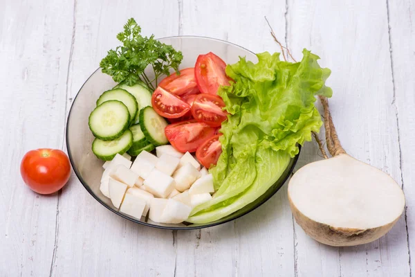 Délicieux Navet Concombre Tomates Persil Ingrédients Sur Une Salade Vitamines — Photo