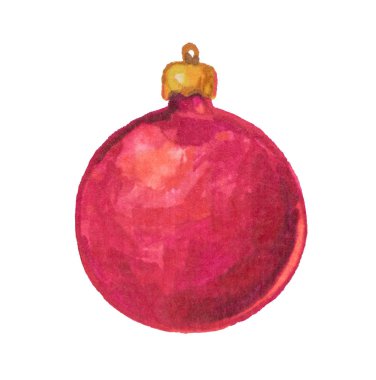 Güzel Noel top oyuncak el ile çizilmiş suluboya işaretçileri olan beyaz bir arka plan üzerinde kırmızı renk