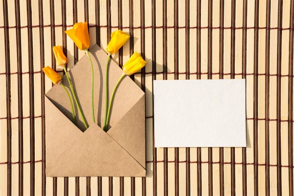 Umschlag Aus Kraftpapier Mit Einer Leeren Botschaft Und Wunderschönen Orangefarbenen — Stockfoto