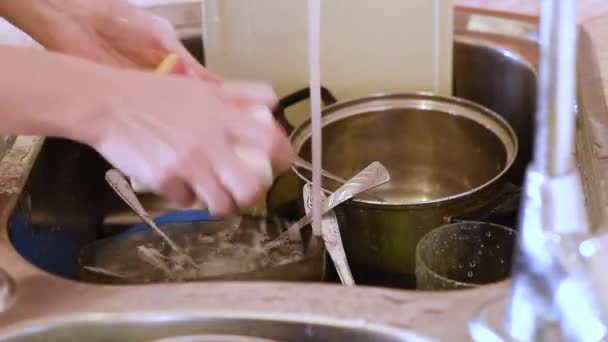 女人在家里洗碗槽里的脏盘子 — 图库视频影像