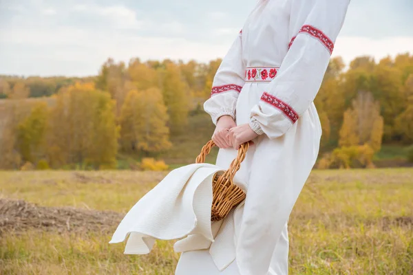 Beautiful girl in a traditional Slavic dress with a straw basket — Stock Photo, Image