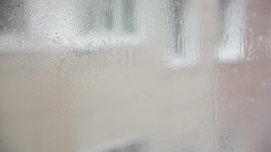 Genç bir ince kadın sarı eldiven su ve paçavra ve sünger ile bir sprey kullanarak bir evde pencereler yıkar