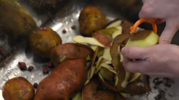 Las Manos Pelan Las Papas Maduras Fregadero Metal Casa Luego — Vídeos de Stock