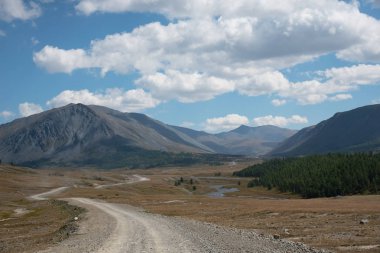 Yaban hayatı Altay. Yol, dağlar ve gökyüzü summe bulutlarda ile