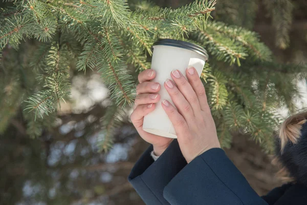 Beautiful girl walking in winter park and drink delicious hot co — Stock Photo, Image