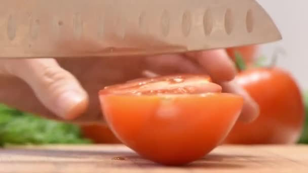 Female Hands Cutting Tomato Salad Metal Knife Wooden Board — Stock Video