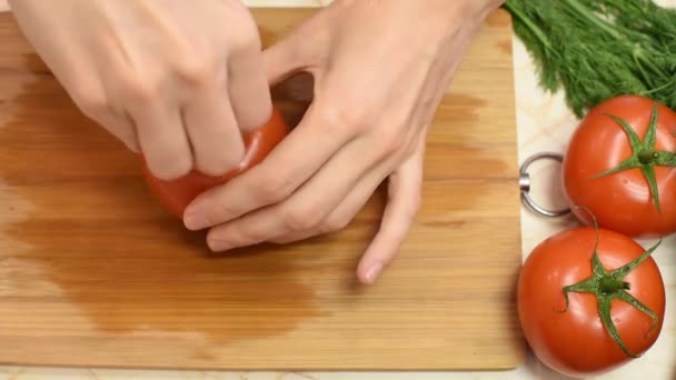 Top View Female Hands Cutting Tomato Salad Metal Knife Wooden — Stock Video