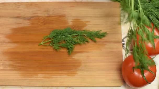Top View Female Hands Putting Fresh Dill Salad Wooden Board — Stock Video
