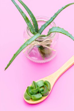 Medicinal plant aloe vera in a glass jar and on a wooden spoon o clipart