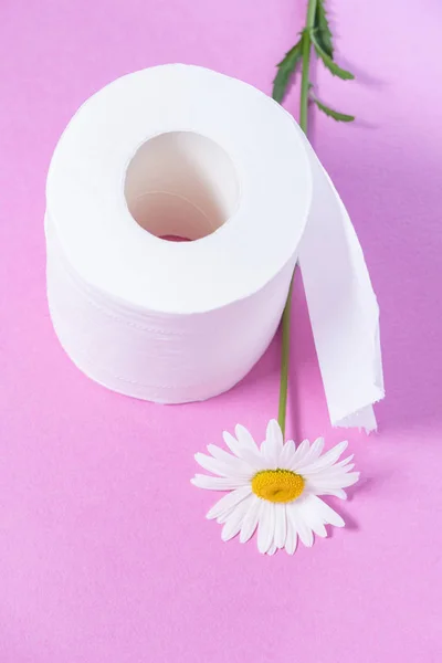 Papel higiénico perforado blanco con el aroma y la margarita en un rosa — Foto de Stock
