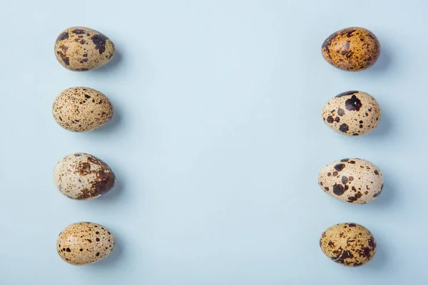 Beaux œufs de caille frais tachetés sur un fond de papier bleu — Photo