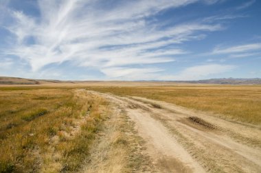 Yaban hayatı Altay. Yol, dağlar ve gökyüzü summe bulutlarda ile