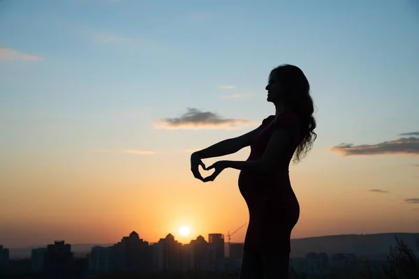 Silhouette of a happy pregnant girl on a background of a beautif — Stock Photo, Image