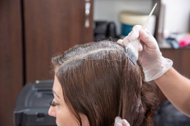 Güzellik salonunda esmer bir kadının yakın plan saç boyası. Mas