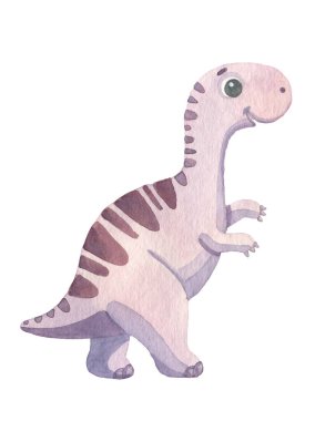 Beyaz arka planda izole edilmiş suluboya ile çizilmiş şirin mor dinozor çizgi filmi. Fantastik tarih öncesi hayvan etiketi.