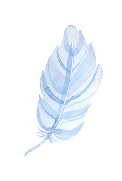 Όμορφο Διακοσμητικό Παραμύθι Μπλε Χνουδωτό Φτερό Βαμμένο Ακουαρέλα Απομονωμένο Λευκό — Φωτογραφία Αρχείου