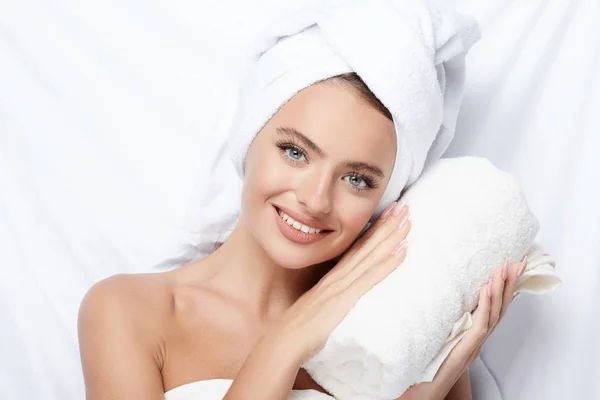 Beautiful Natural Young Woman Perfect Skin White Background Towel Head — Stock Photo, Image