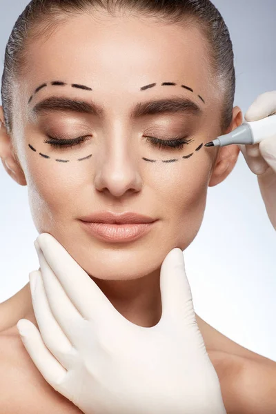 Beauty Portrait Attractive Woman Plastic Surgery Concept Model Puncture Lines — Stock Photo, Image