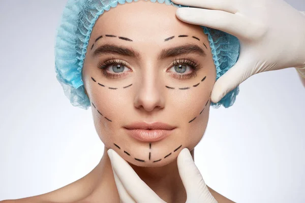 Beauty Portrait Attractive Woman Plastic Surgery Concept Model Puncture Lines — Stock Photo, Image