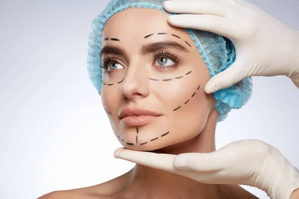 Beauty Portrait Attractive Woman Plastic Surgery Concept Model Puncture Lines — Stock Photo, Image