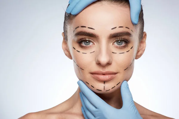 Beauty Portrait Attractive Woman Plastic Surgery Concept Model Puncture Lines — Stock Photo, Image