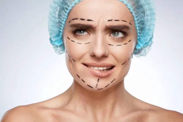 Beauty Portrait Scared Woman Plastic Surgery Concept Model Blue Cap — Stock Photo, Image