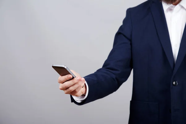 Cropped Photo Businessman Holding Mobile Phone Hand — Stock Photo, Image