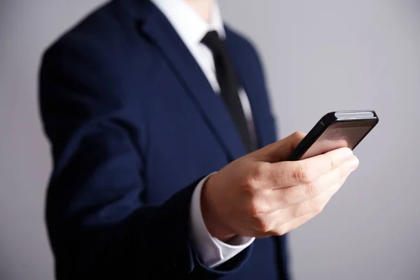 Attractive Man Wearing Suit Holding Mobile Phone Business Concept — Stock Photo, Image