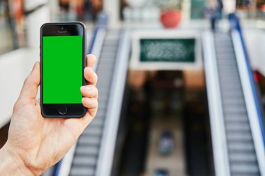 Erkek el alışveriş arka plan üzerinde yenilebilir yeşil ekranlı cep telefonunuzun 