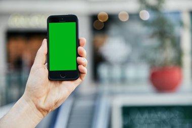 Erkek el cep telefonuyla yenilebilir yeşil ekran, portre 