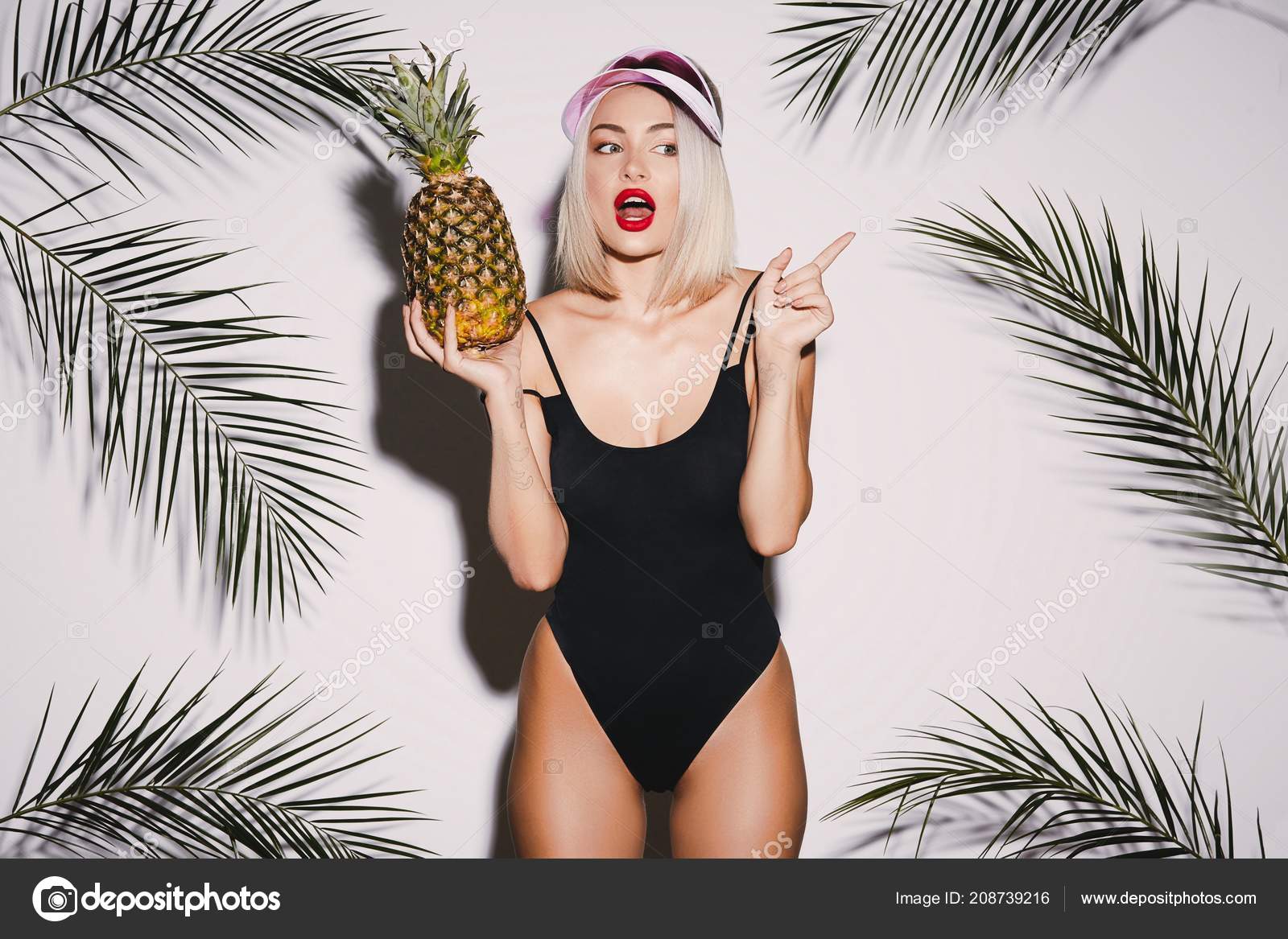 Beautiful Girl Blonde Hair Wearing Black Swimming Suit Pink Cap