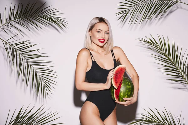 Young Woman Red Lips Wearing Black Swimwear Posing Light Background — 스톡 사진