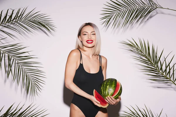 Young Woman Red Lips Wearing Black Swimwear Posing Light Background — 스톡 사진