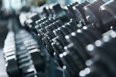 spor salonunda düzenlenmiş dambılların yakından görünümü