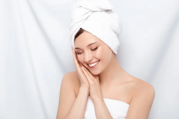 Portrait Young Woman Towel Head Posing Light Background — Stock Photo, Image
