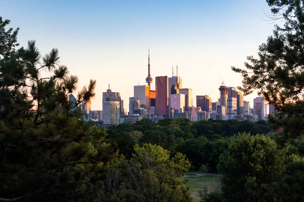 Akşam altın saat gün batımı sırasında Toronto şehir merkezi silueti Riverdale Park Doğu görülen